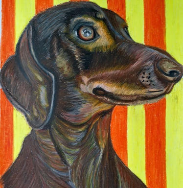 A portrait of a black-and-tan dachshund turned to one side, on a ground of red and yellow stripes.