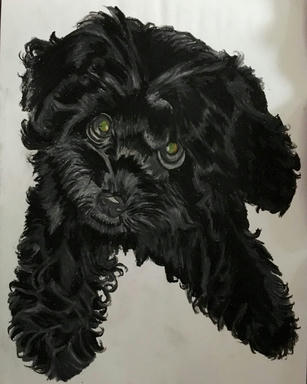 A pastel portrait of a black curly-coated dog with long ears and pale eyes, cut out against white paper.