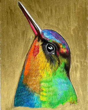 An oil pastel portrait of a small bird in profile with a long straight bill, its plumage running from red through green to blue, on a gold ground.