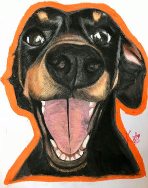 An oil pastel portrait of a black-and-tan dachshund face on, mouth wide open, cut out against a flat orange ground.