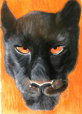 A portrait of a black panther's face with amber eyes, on a flat orange ground.