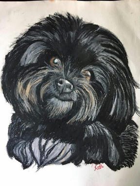 A pastel portrait of a black shaggy dog sitting square to the viewer, its coat drawn in long strokes.