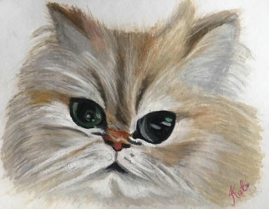 A soft pastel portrait of a long-haired cream Persian cat with a flat face and green eyes, on plain paper.