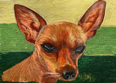 An oil pastel portrait of a red chihuahua with large upright ears, against bands of green and gold.