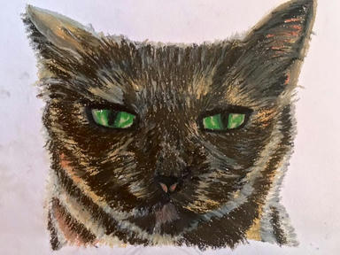 A pastel portrait of a dark tortoiseshell cat staring out with bright green eyes, on a pale ground.