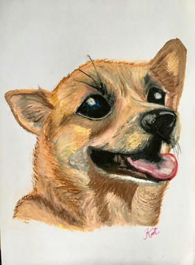 A pastel portrait of a tan short-haired dog with one ear raised, tongue out, drawn loosely on cream paper.