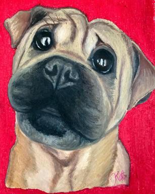An oil pastel portrait of a fawn puppy with a dark mask, a wrinkled brow and large dark eyes, cut out against a flat red ground.