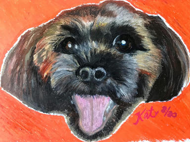 An oil pastel portrait of a dark brindle dog with its tongue out, cut out against a flat orange ground.