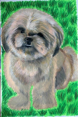 A pastel portrait of a small shaggy grey-brown dog standing square, on a bright green ground.