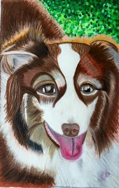 A pastel portrait of a brown-and-white long-coated dog, mouth open, against a speckled green ground.