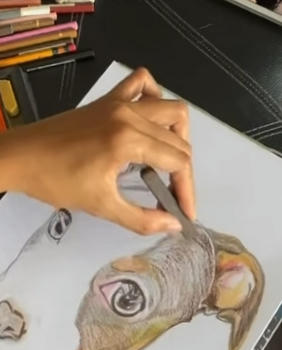 Step 5 of a portrait taking shape, from pencil to finished