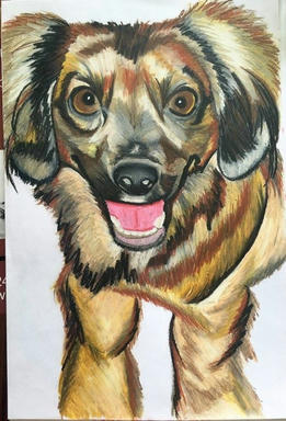 An oil pastel portrait of a brown-and-tan dog standing with its front paws forward and its mouth open, on plain paper.