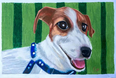 A pastel portrait of a brown-and-white Jack Russell in a blue collar, mouth open, on a striped green ground.