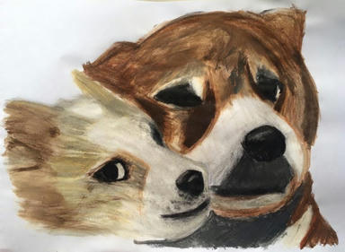 A pastel portrait of two dogs together, a pale one in front and a brown-and-white one behind, heads touching.